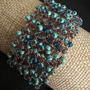 Handcrafted Copper Wire Glass Seed Bead Woven Cuff Bracelet 7.75in Whimsigoth